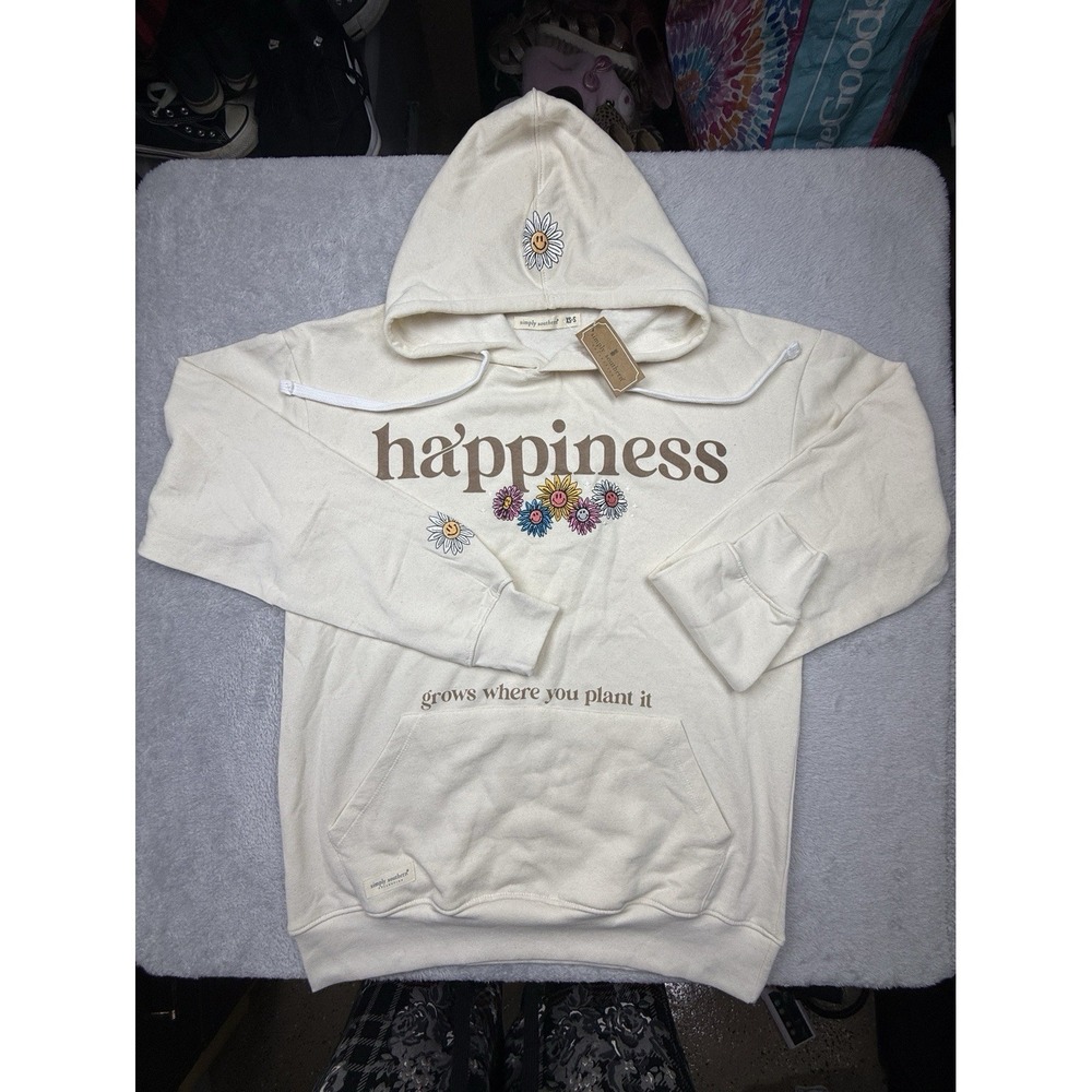 Simply Southern Ivory Fleece Pullover Hoodie Floral Happiness Graphic XS-S